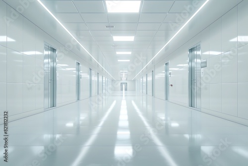 blurred of background. interior of a modern hospital with an empty long corridor, there are treatment rooms and waiting room for patients and families between the corridor with bright white lights