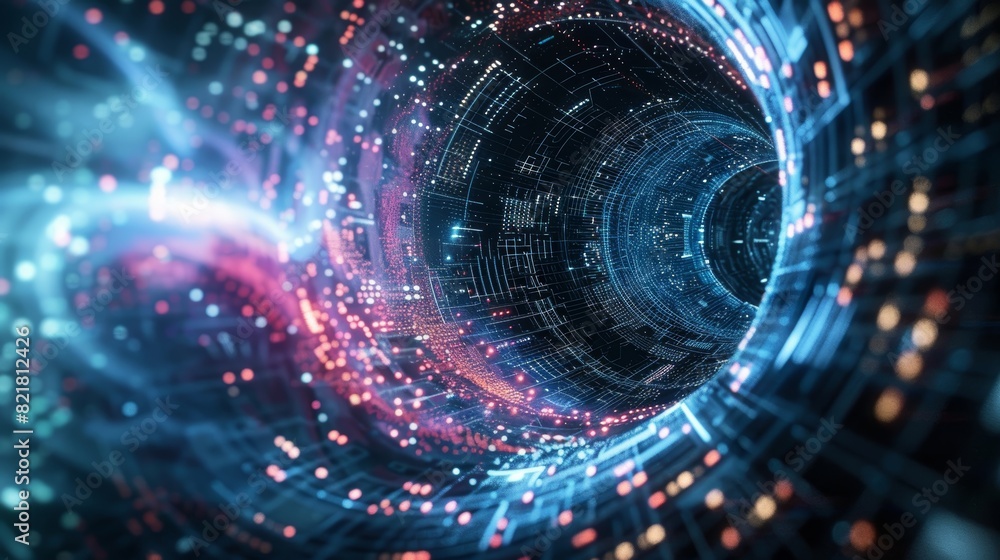 Abstract digital tunnel with futuristic lights and data flow, representing technology, innovation, and artificial intelligence. Abstract digital tunnel with futuristic lights and data flow, representing technology, innovation, and artificial intelligence.