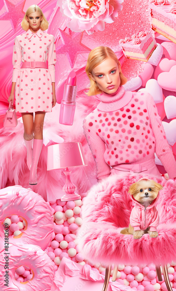 Fototapeta premium Fashion aesthetic moodboard, Hand made, magazine clipping collage. Top color of the season pink. 