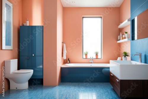 Peach And Blue Modern Bathroom Design With White Bathroom Cabinet