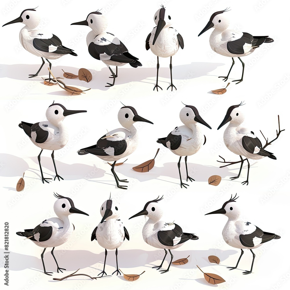 Obraz premium Little Avocet bird Cute character multiple posses and expression children's book illustration style