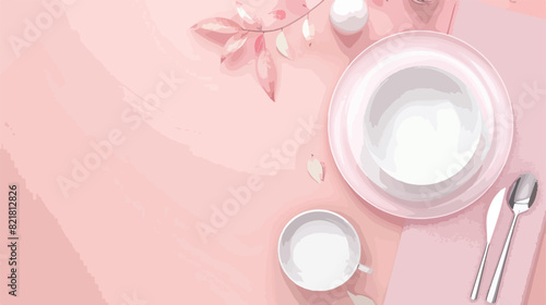 Table setting with clean plates and cutlery on pink b