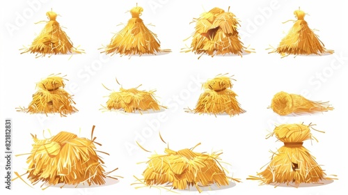 Set of haystacks isolated on white background with straw bales, piles of hay, tied ropes, rural barn design element, farm animal fodder, harvest time.