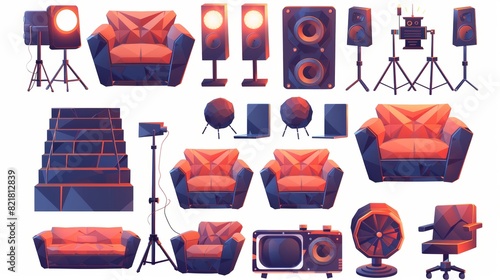 The stage equipment set for a talent show is isolated on a white background. Modern illustration showing jury chairs, microphones, video cameras, loudspeakers, flood lamps used in a music or dance photo