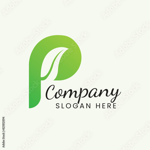 Organic P letter logo. Logo with plant leaf in the middle of P letter