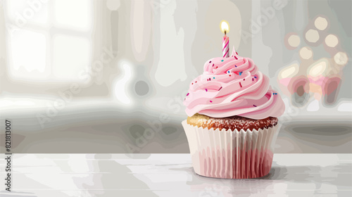 Tasty Birthday cupcake on white table Vector style Vector