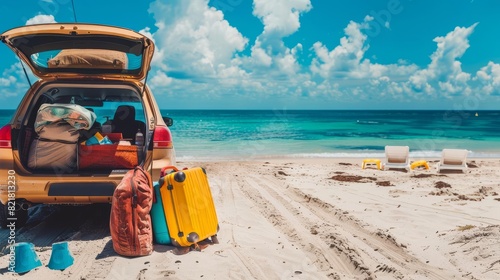 Yellow luggage and travel bags with an open car trunk on a tropical beach  crystal clear blue water  white sand  and sunny skies.