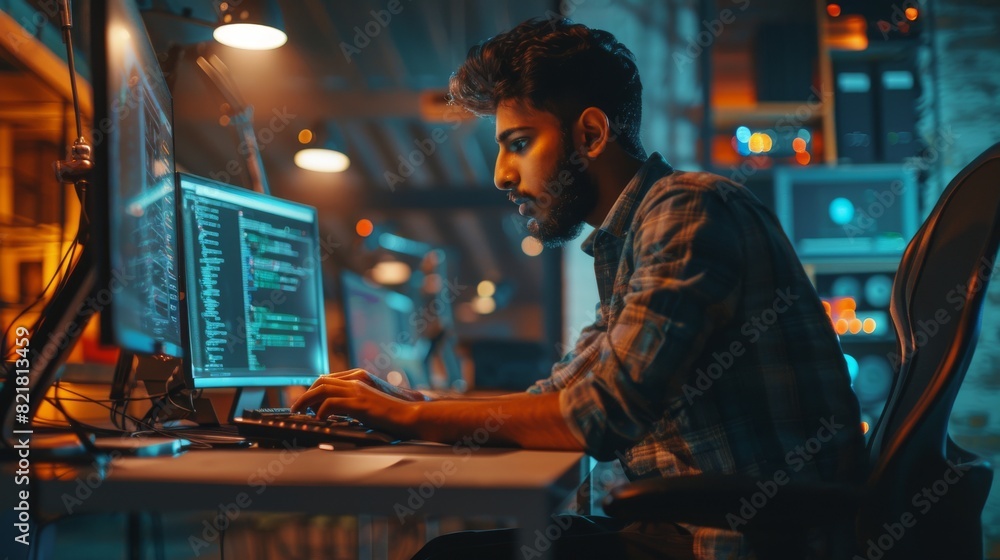 This portrait depicts a handsome Indian engineer working on a desktop computer in a technological office environment, writing software code for an innovative internet project for a research and This portrait depicts a handsome Indian engineer working on a desktop computer in a technological office environment, writing software code for an innovative internet project for a research and