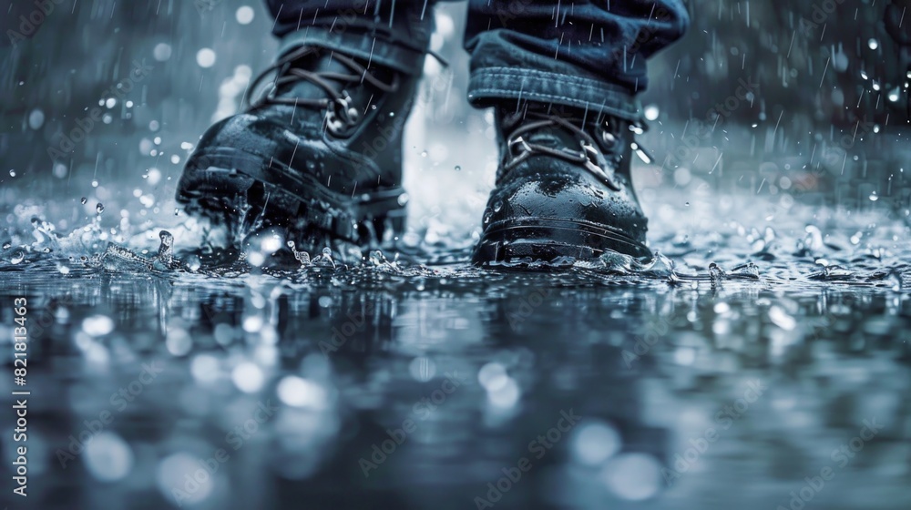 Person standing in rain with feet in water Person standing in rain with feet in water