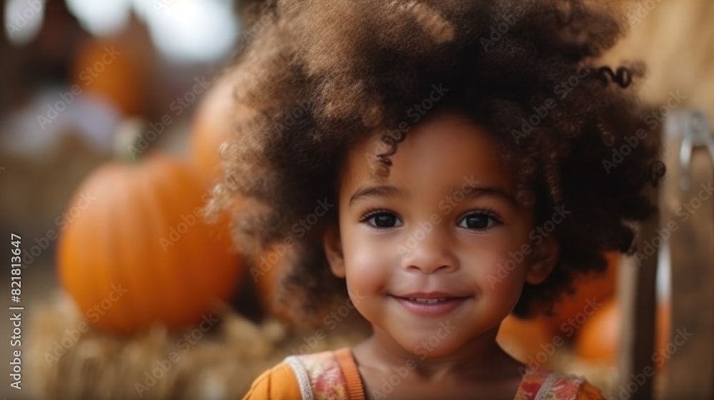 Curious child with curly hair at pumpkin patch in the evening during fall Curious child with curly hair at pumpkin patch in the evening during fall
