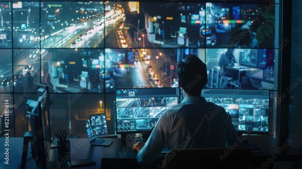 Male Software Engineer working on Laptop in a Modern Monitoring Office with CCTV Footage and Traffic Situation. Big-Data Engineers Work in a Monitoring Office with CCTV Footage and Traffic Situation. Male Software Engineer working on Laptop in a Modern Monitoring Office with CCTV Footage and Traffic Situation. Big-Data Engineers Work in a Monitoring Office with CCTV Footage and Traffic Situation.