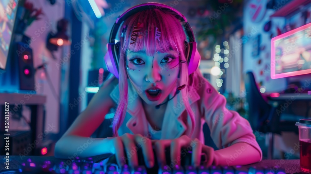 In this concept of internet streaming, gaming, streaming, and social networking, the Cosplay Girl is playing video games with friends on a computer, surrounded by a cyberpunk style background. In this concept of internet streaming, gaming, streaming, and social networking, the Cosplay Girl is playing video games with friends on a computer, surrounded by a cyberpunk style background.