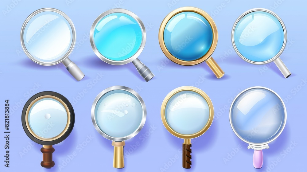 An illustration set of realistic 3D magnifying glasses with plastic handles, metal frames, and transparent zoom lenses for search and focus. A magnifier loupe tool was illustrated with a plastic An illustration set of realistic 3D magnifying glasses with plastic handles, metal frames, and transparent zoom lenses for search and focus. A magnifier loupe tool was illustrated with a plastic