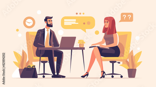 a man and a woman sitting in chairs facing each other. The man is wearing a suit and tie, and the woman is wearing a business suit. it appears that they are having a job interview.