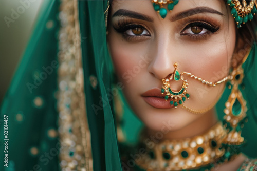 Young beautiful woman in green color costume and traditional jwelery