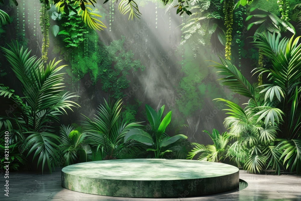 A green jungle with a large round stone platform in the middle. The platform is surrounded by lush green plants and trees, creating a serene and peaceful atmosphere A green jungle with a large round stone platform in the middle. The platform is surrounded by lush green plants and trees, creating a serene and peaceful atmosphere
