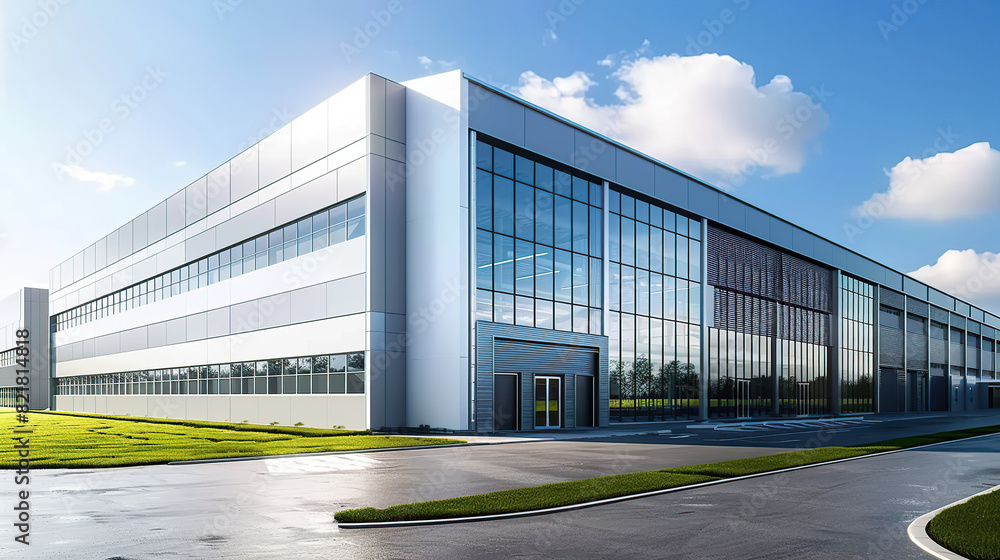 Modern office and large factory building with sky. generative ai Modern office and large factory building with sky. generative ai