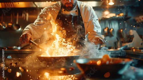Cooking with flames on a pan. Modern kitchen with plenty of ingredients.