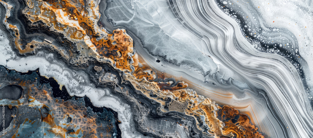 Aerial view of abstract grey, white and orange marble pattern with fluid lines in fluid stripes style Aerial view of abstract grey, white and orange marble pattern with fluid lines in fluid stripes style