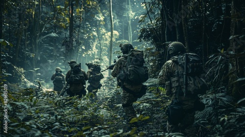A squad of five fully equipped soldiers is moving in formation through dense forest on a reconnaissance mission. photo