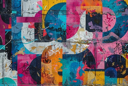 A vibrant, seamless pattern of colorful graffiti art layered on a weathered concrete wall, showcasing urban street art