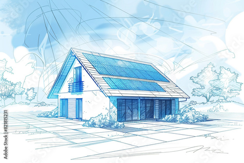Sketch of solar panel in house roof Photovoltaic solar panels in modern house roof Alternative and Renewable energy concept 