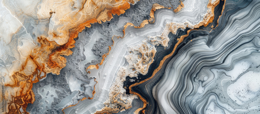 Aerial view of abstract grey, white and orange marble pattern with fluid lines in fluid stripes style Aerial view of abstract grey, white and orange marble pattern with fluid lines in fluid stripes style