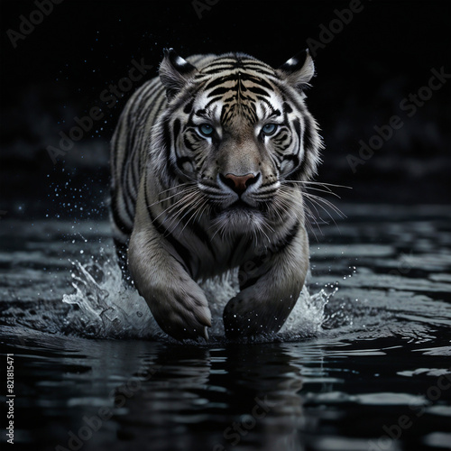 Tiger run toward the water  close up detail photography background