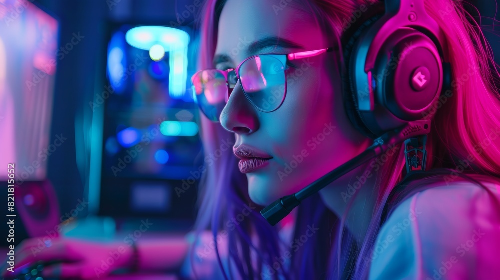 Cute Geek with sunglasses and headset playing a FPS video game on her computer. Neon Room. Online Cyber Games Internet Championship Event. Cute Geek with sunglasses and headset playing a FPS video game on her computer. Neon Room. Online Cyber Games Internet Championship Event.