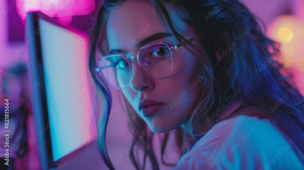 The beautiful young girl is sitting in front of the computer, browsing the Internet, playing online games, streaming. Cute girls wearing glasses sit at a cool retro neon lit table. The beautiful young girl is sitting in front of the computer, browsing the Internet, playing online games, streaming. Cute girls wearing glasses sit at a cool retro neon lit table.