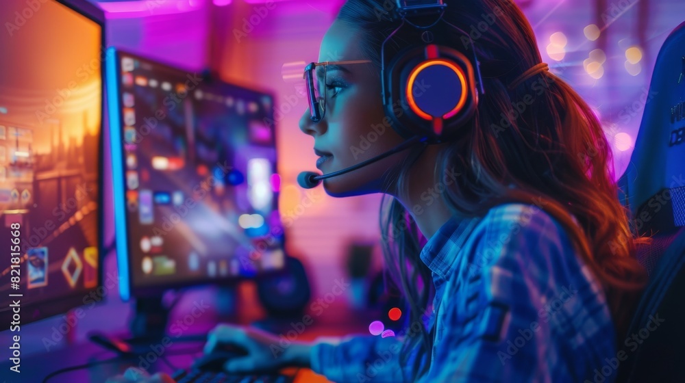 Gamer Girl Playing FPS Video Game on Her Laptop. Cute Geek Wearing Glasses and Headset. Neon Room. Online Cyber Games Internet Championship Event. Gamer Girl Playing FPS Video Game on Her Laptop. Cute Geek Wearing Glasses and Headset. Neon Room. Online Cyber Games Internet Championship Event.