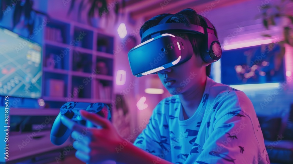 Asian Pro Gamer Wears Virtual Reality Headset Plays Online Video Game with Joysticks / Controllers. Cool Retro Neon Colors. Asian Pro Gamer Wears Virtual Reality Headset Plays Online Video Game with Joysticks / Controllers. Cool Retro Neon Colors.