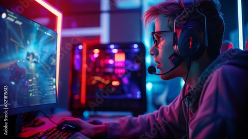 A professional gamer plays a First-Person Shooter online video game on his computer. He's talking to his teammates through a headset. Neon lights illuminate the room in an arcade style. © Антон Сальников