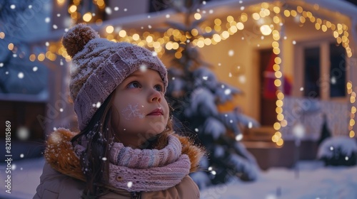 One winter evening, a cute little girl is enjoying the falling snow as she hangs out in the background of a house decorated with garlands and a Christmas tree.