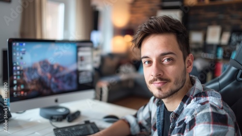 Portrait of a handsome young man sitting at his desk with his personal computer. A cozy living room is in the background.