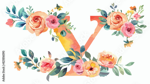 Monogram Y letter with watercolor flowers roses 