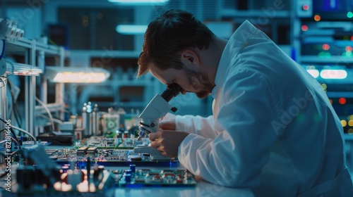 Electronics factory worker inspecting a circuit board through a digital microscope in his white work coat. High tech manufacturing facility.