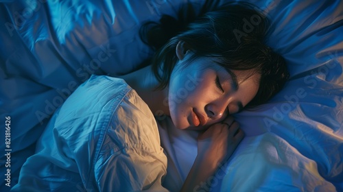 Beautiful young woman sleeping on a bed at night. Blue nightly colors with bright lampshine shining through the window. photo