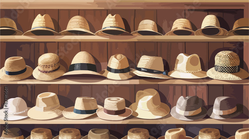 Trendy straw hats on shelves in wardrobe Vector style photo