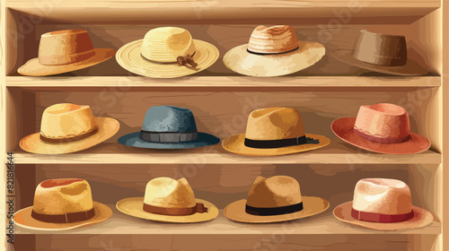 Trendy straw hats on shelves in wardrobe Vector style