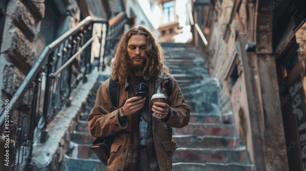 A handsome young hipster man with long hair is standing on the stairs holding coffee and looking at his smartphone. He's in an urban setting.