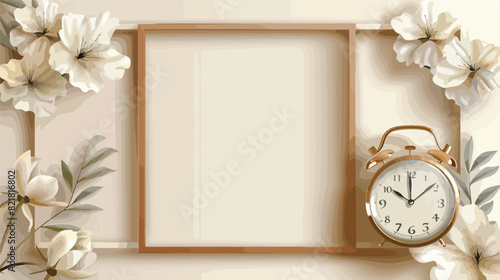 Two white and brown blank frames. there is an alarm  photo