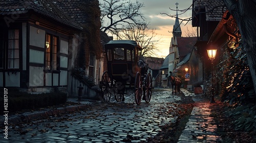 A stately horse carriage on a cobblestone street at high noon with a vibrant  clear sky. 8k  realistic  full ultra HD  high resolution and cinematic photography