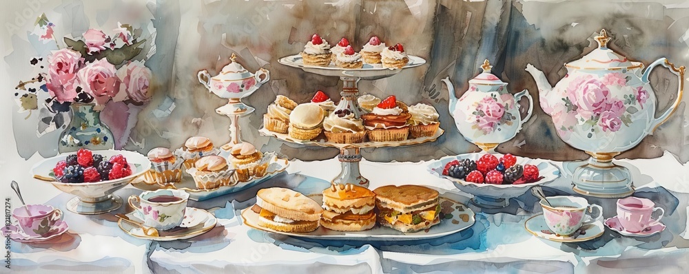 A refined high tea setup with tiered trays of finger sandwiches, pastries, and scones, accompanied by fine porcelain teapots and teacups A refined high tea setup with tiered trays of finger sandwiches, pastries, and scones, accompanied by fine porcelain teapots and teacups