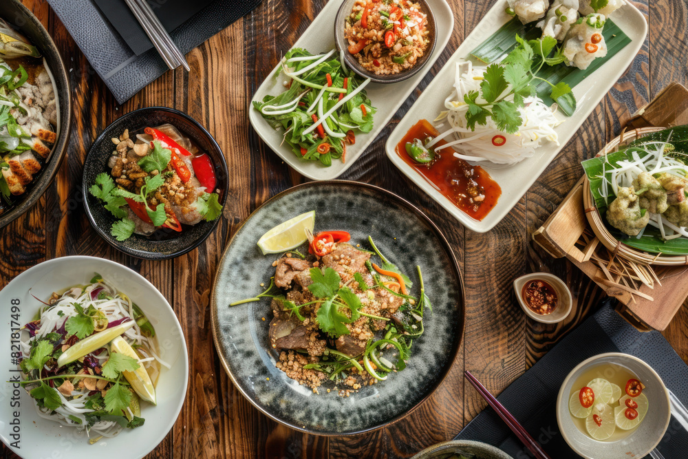 Diverse Spread of Vietnamese Dishes with Fresh Herbs and Vibrant Vegetables Diverse Spread of Vietnamese Dishes with Fresh Herbs and Vibrant Vegetables