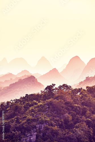 Sunset over Karst mountains in Guilin, China. photo