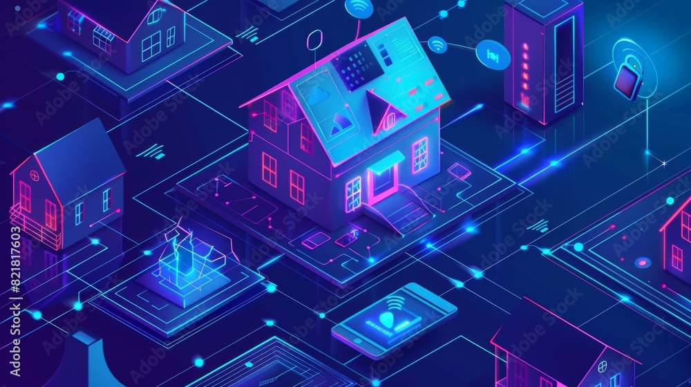 The isometric web banner demonstrates the use of artificial intelligence technology and Internet of Things for the control of a smart home. The isometric web banner demonstrates the use of artificial intelligence technology and Internet of Things for the control of a smart home.