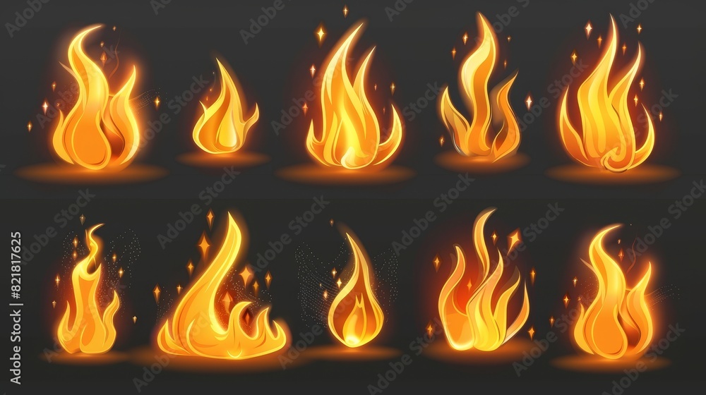 Set of realistic flame icons isolated on transparent background. Burning campfire or candle flame effect, glowing orange and yellow spotlight with steam, 3D modern illustration. Set of realistic flame icons isolated on transparent background. Burning campfire or candle flame effect, glowing orange and yellow spotlight with steam, 3D modern illustration.