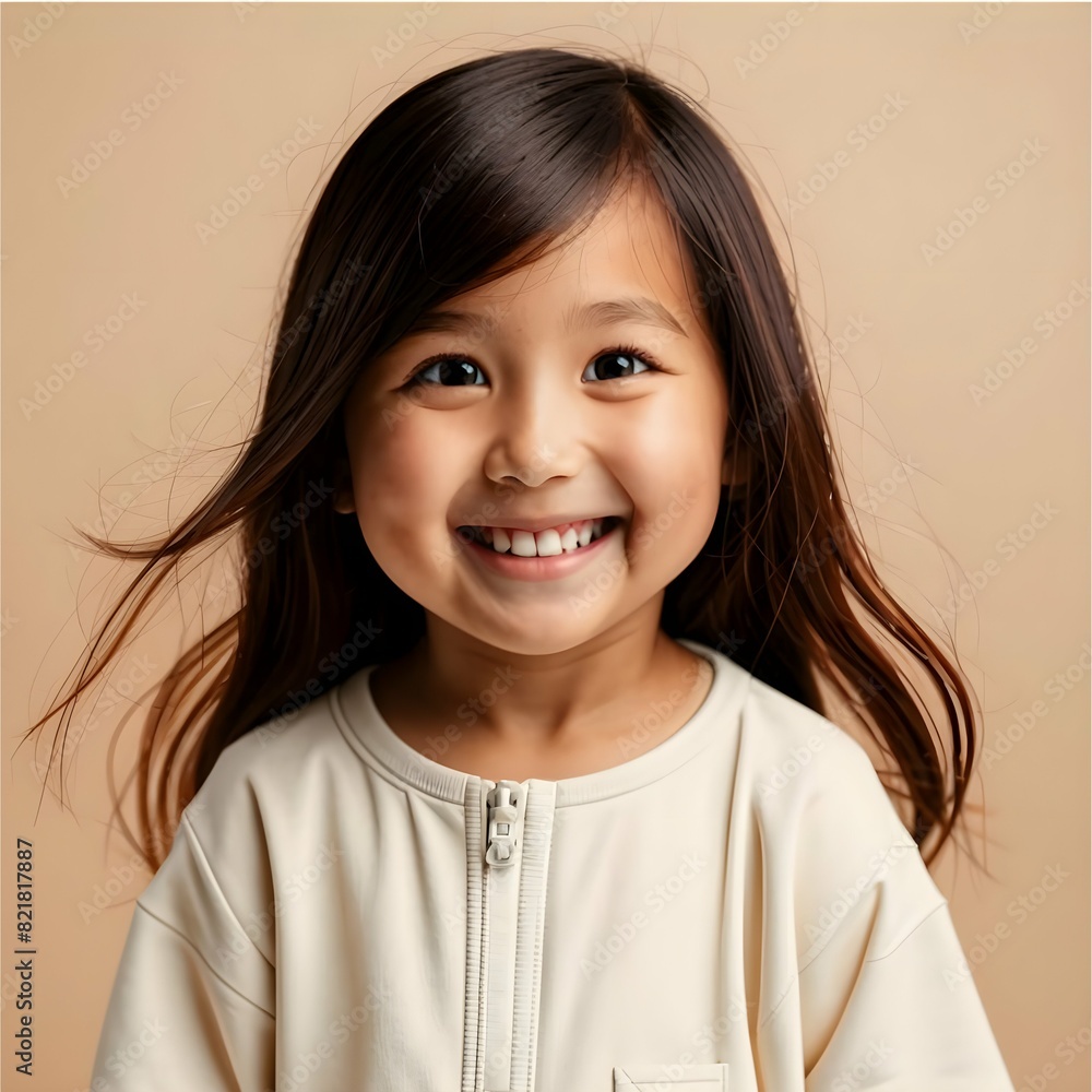 Cute Asian girl, smiling, on a beige background Cute Asian girl, smiling, on a beige background