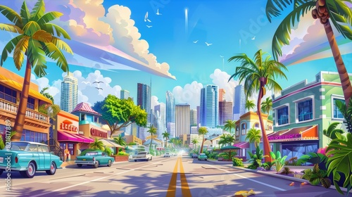 The beach in Miami with buildings, hotels, a road, and palm trees. Tropical cityscape with a motel, restaurant, and modern skyscrapers in the summer. © Mark